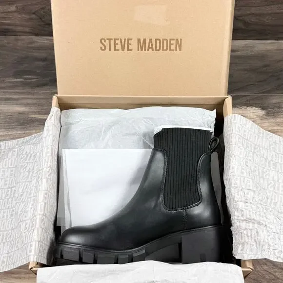 NIB Steve Madden 9.5M Hutch Stretch Lug Sole Chelsea Boots Black Faux Leather - Picture 8 of 11